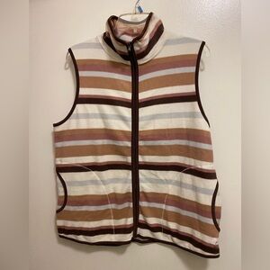 Cuddl Duds Womens Fleece High Neck Vest L Large Stripes Striped Brown Cream
